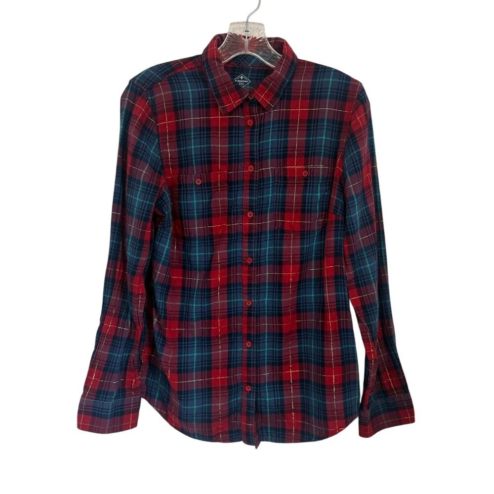 St. John's Bay Plaid Flannel Shirt Womens Sz Medium Red Blue Cabincore Button Up